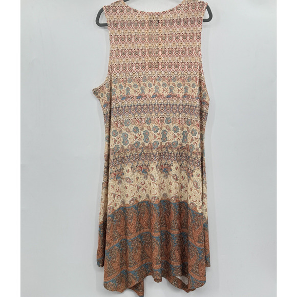 One World Boho Print Asymmetrical Hem Dress Size XXL Brown V-Neck Midi Beachy - Picture 3 of 12